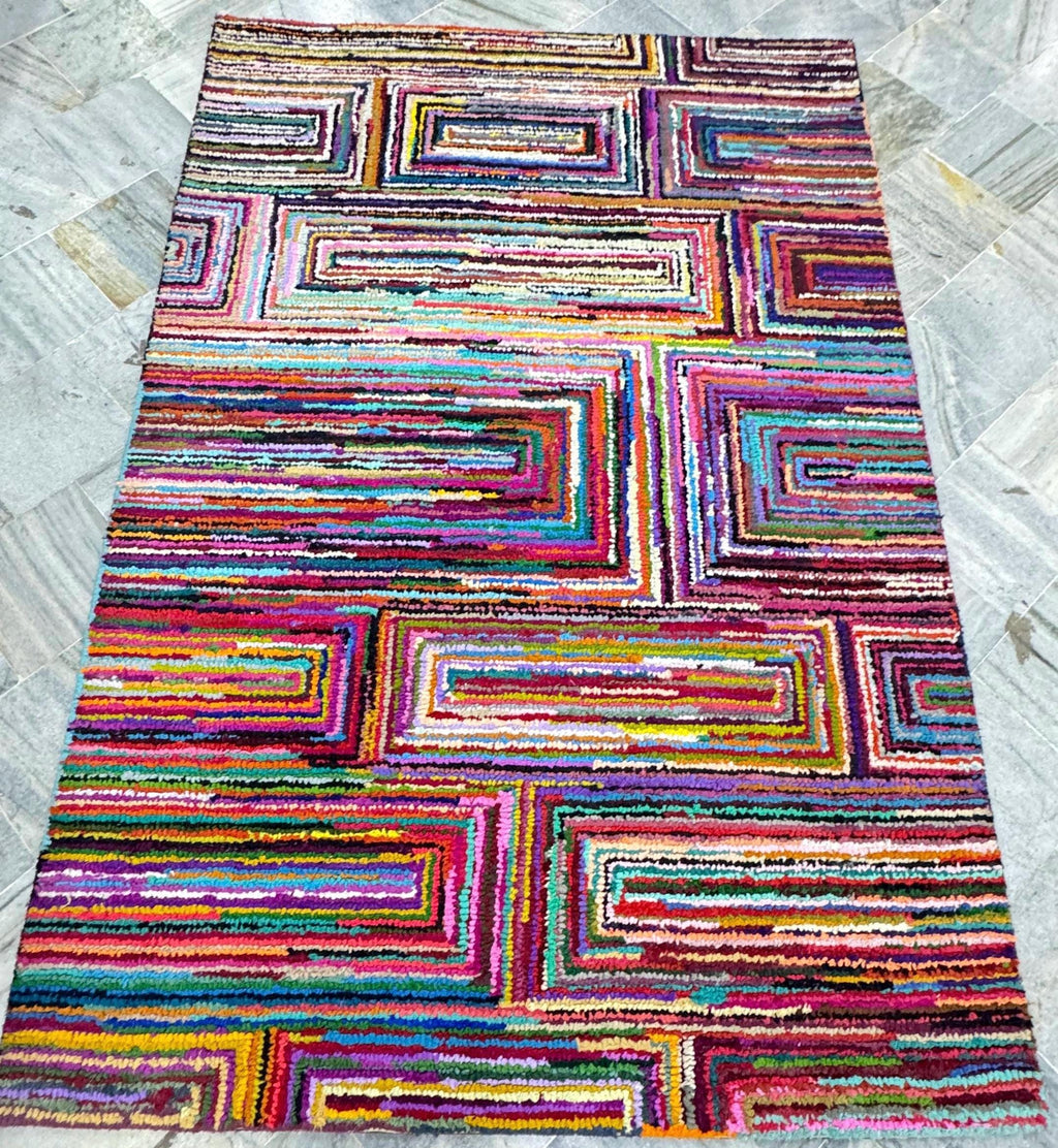 5x8 Multi-Color Recycled Cotton Rag Rug | Handmade Eco-Friendly Area Rug | Vibrant Boho Chindi Geometric boxes Pattern Floor Mat
