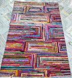 5x8 Multi-Color Recycled Cotton Rag Rug | Handmade Eco-Friendly Area Rug | Vibrant Boho Chindi Geometric boxes Pattern Floor Mat
