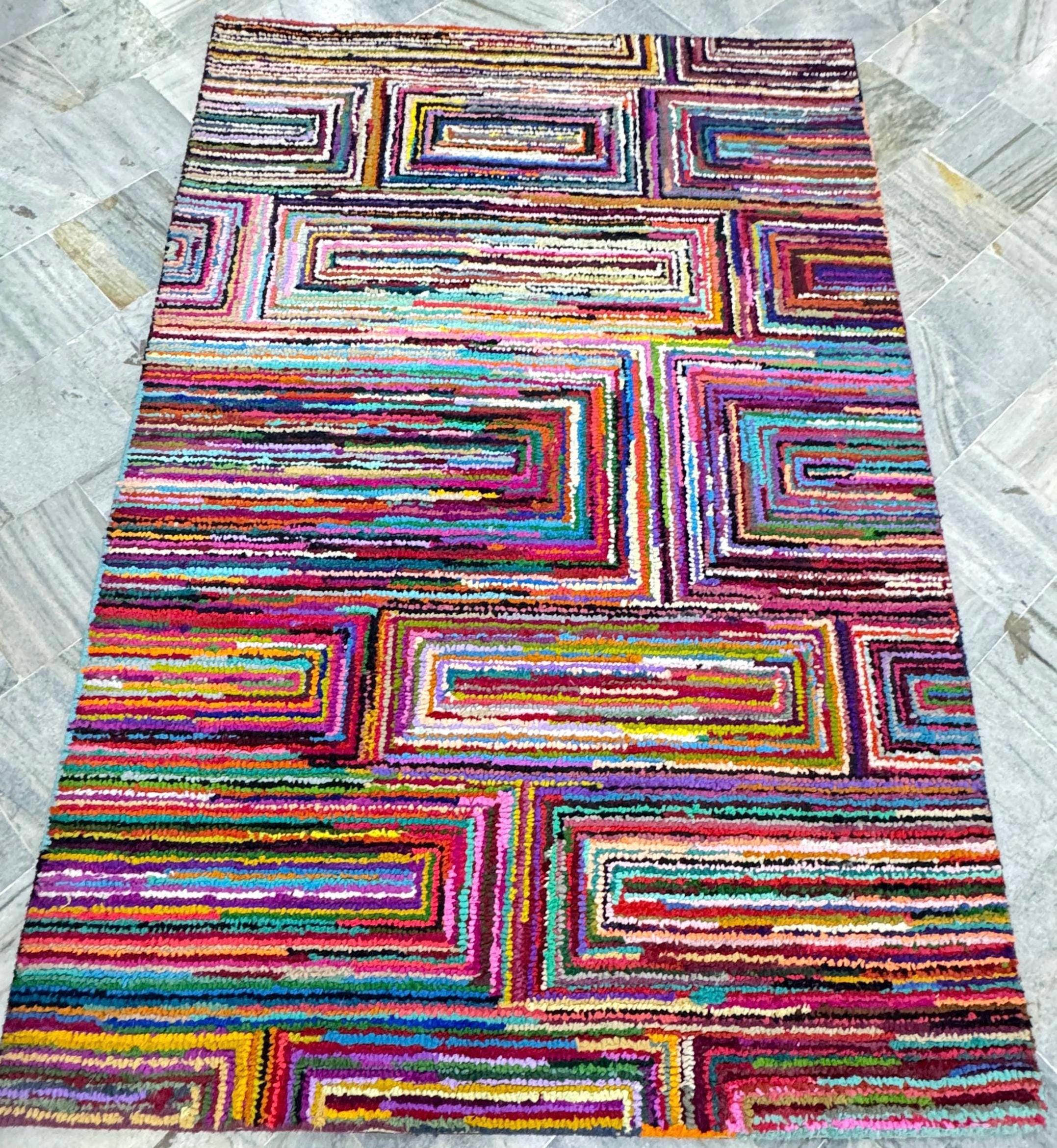 5x8 Multi-Color Recycled Cotton Rag Rug | Handmade Eco-Friendly Area Rug | Vibrant Boho Chindi Geometric boxes Pattern Floor Mat