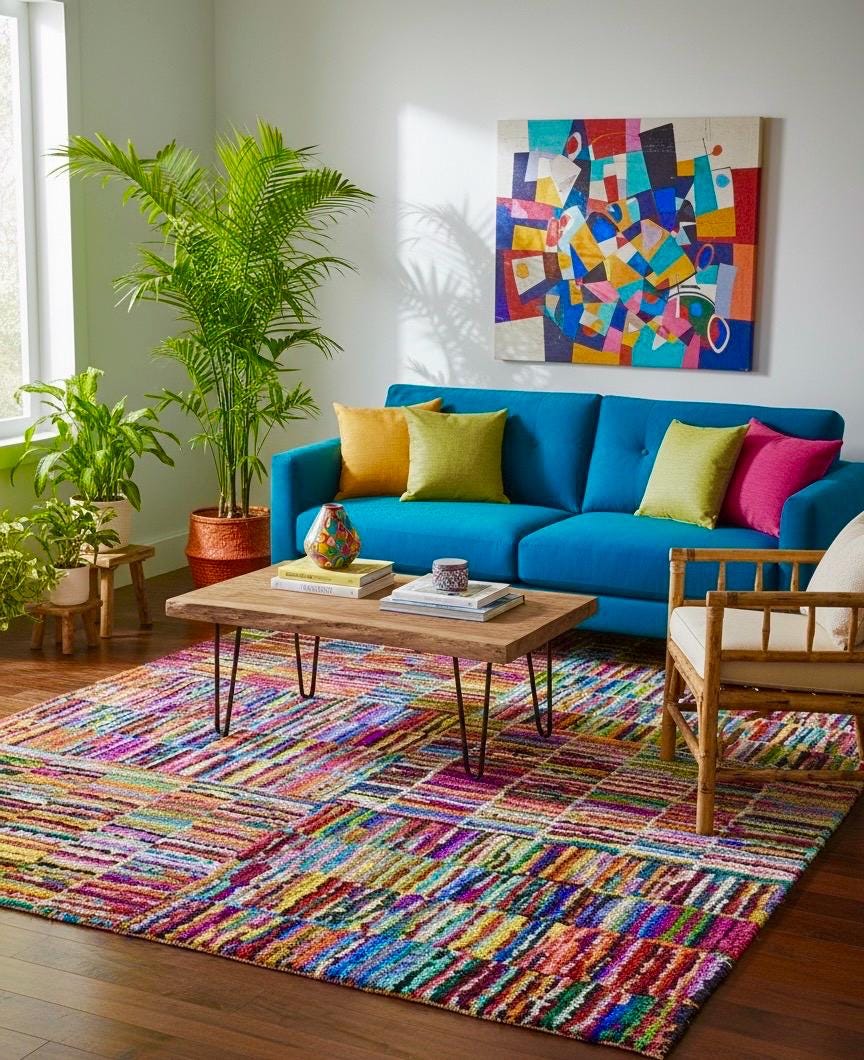 5x8 Multi-Color striped Recycled Cotton Rag Rug | Handmade Eco-Friendly Area Rug | Vibrant Boho Chindi Geometric boxes Pattern Floor Mat