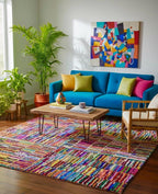 5x8 Multi-Color striped Recycled Cotton Rag Rug | Handmade Eco-Friendly Area Rug | Vibrant Boho Chindi Geometric boxes Pattern Floor Mat