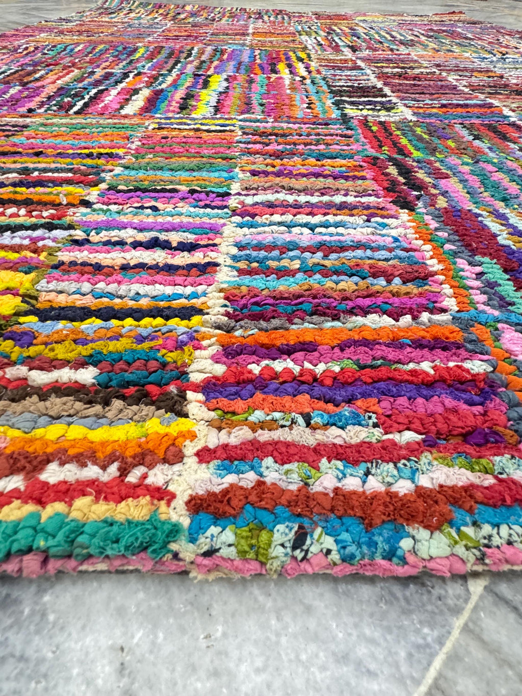 5x8 Multi-Color striped Recycled Cotton Rag Rug | Handmade Eco-Friendly Area Rug | Vibrant Boho Chindi Geometric boxes Pattern Floor Mat