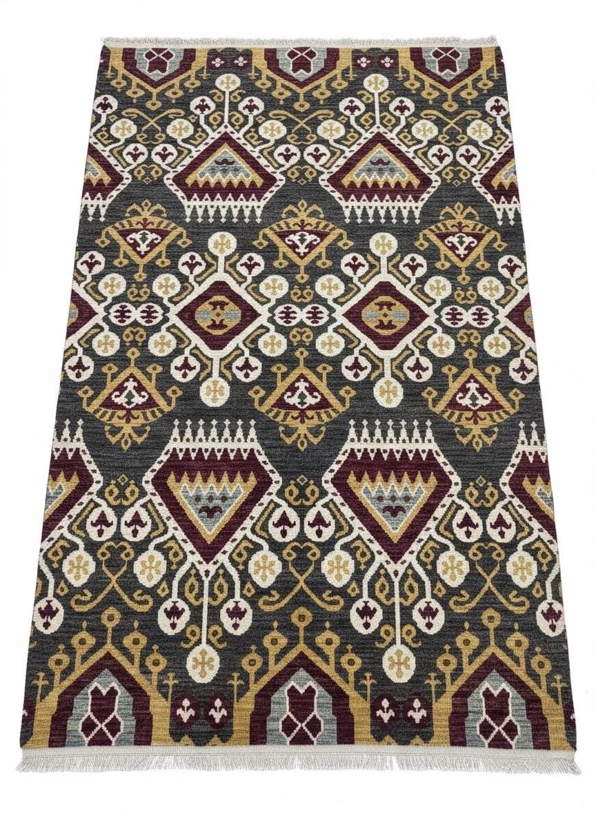 Hand-Knotted Wool Ikat Rug – 6x9 Modern Tribal Area Rug (Charcoal, Burgundy & Gold)