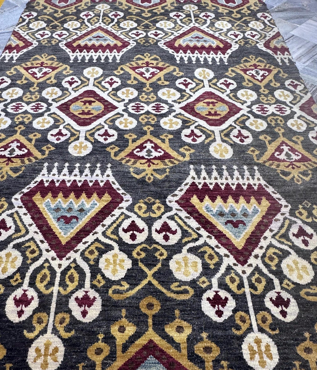 Hand-Knotted Wool Ikat Rug – 6x9 Modern Tribal Area Rug (Charcoal, Burgundy & Gold)