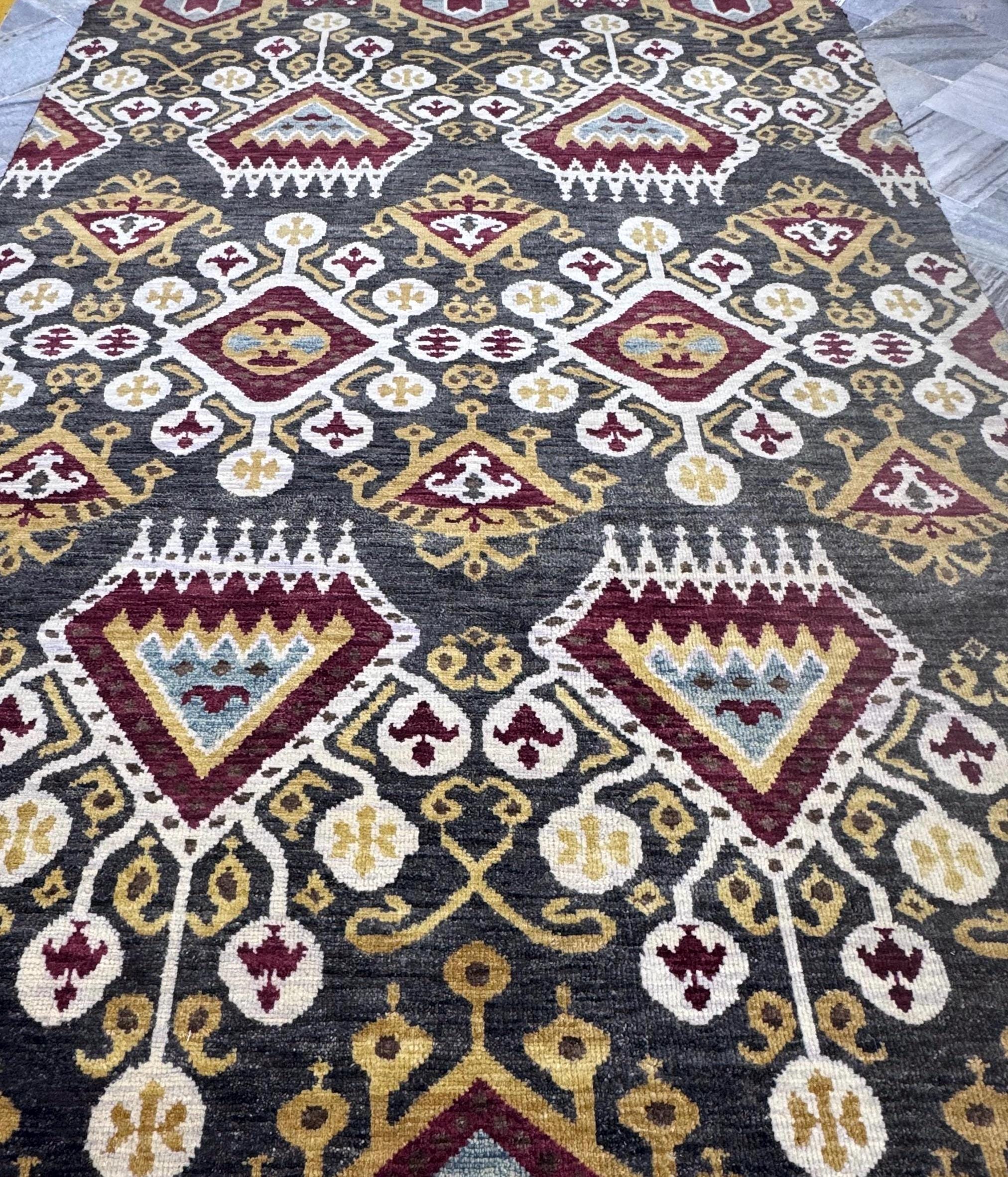 Hand-Knotted Wool Ikat Rug – 6x9 Modern Tribal Area Rug (Charcoal, Burgundy & Gold)