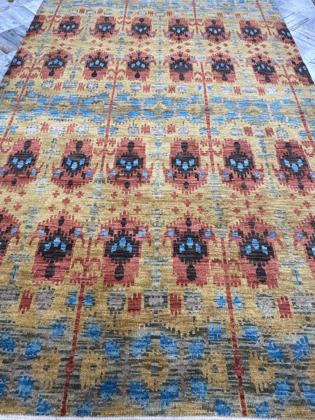 6x9 Hand-Knotted Wool Ikat Rug – Modern Oushak Style Medallion Area Rug