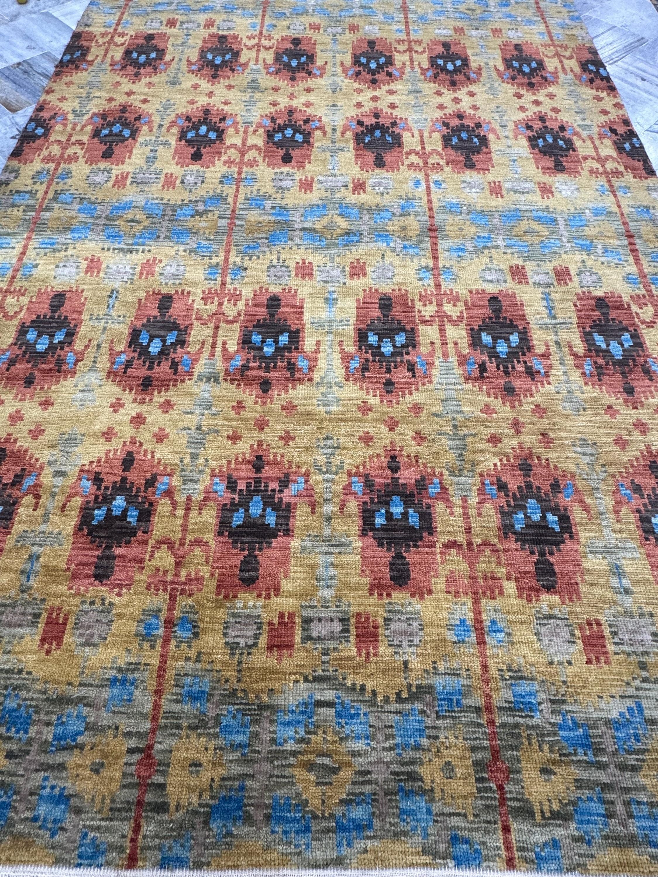 6x9 Hand-Knotted Wool Ikat Rug – Modern Oushak Style Medallion Area Rug