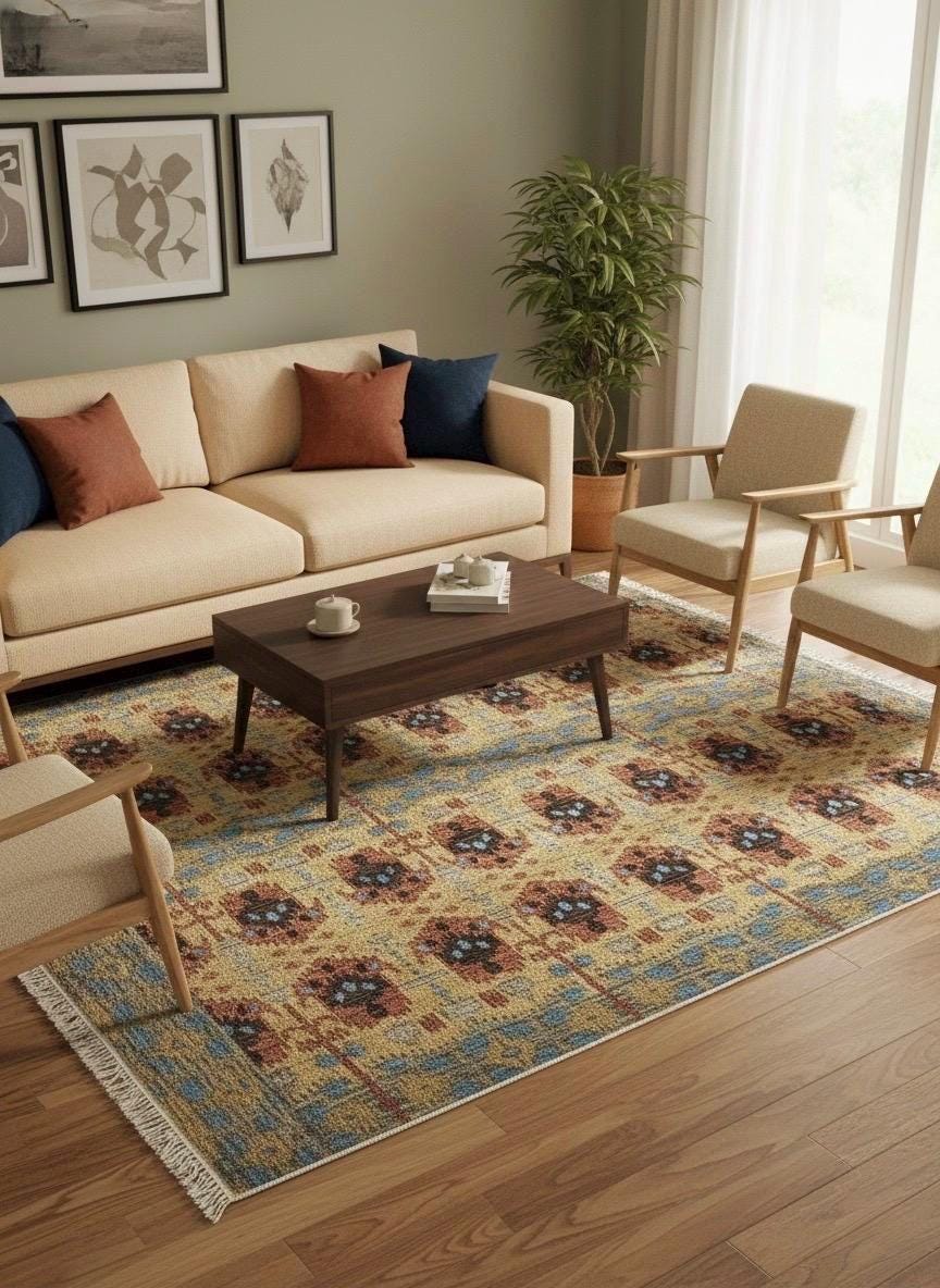 6x9 Hand-Knotted Wool Ikat Rug – Modern Oushak Style Medallion Area Rug
