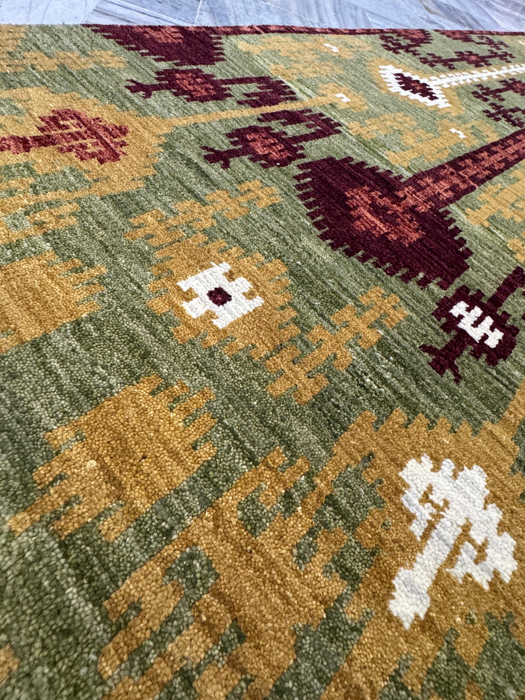 6X9 Hand-Knotted Wool Ikat Rug – Sage, Burgundy & Gold