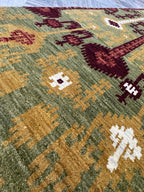6X9 Hand-Knotted Wool Ikat Rug – Sage, Burgundy & Gold