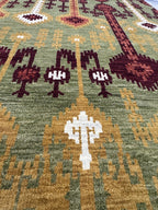 6X9 Hand-Knotted Wool Ikat Rug – Sage, Burgundy & Gold