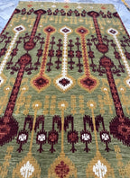 6X9 Hand-Knotted Wool Ikat Rug – Sage, Burgundy & Gold
