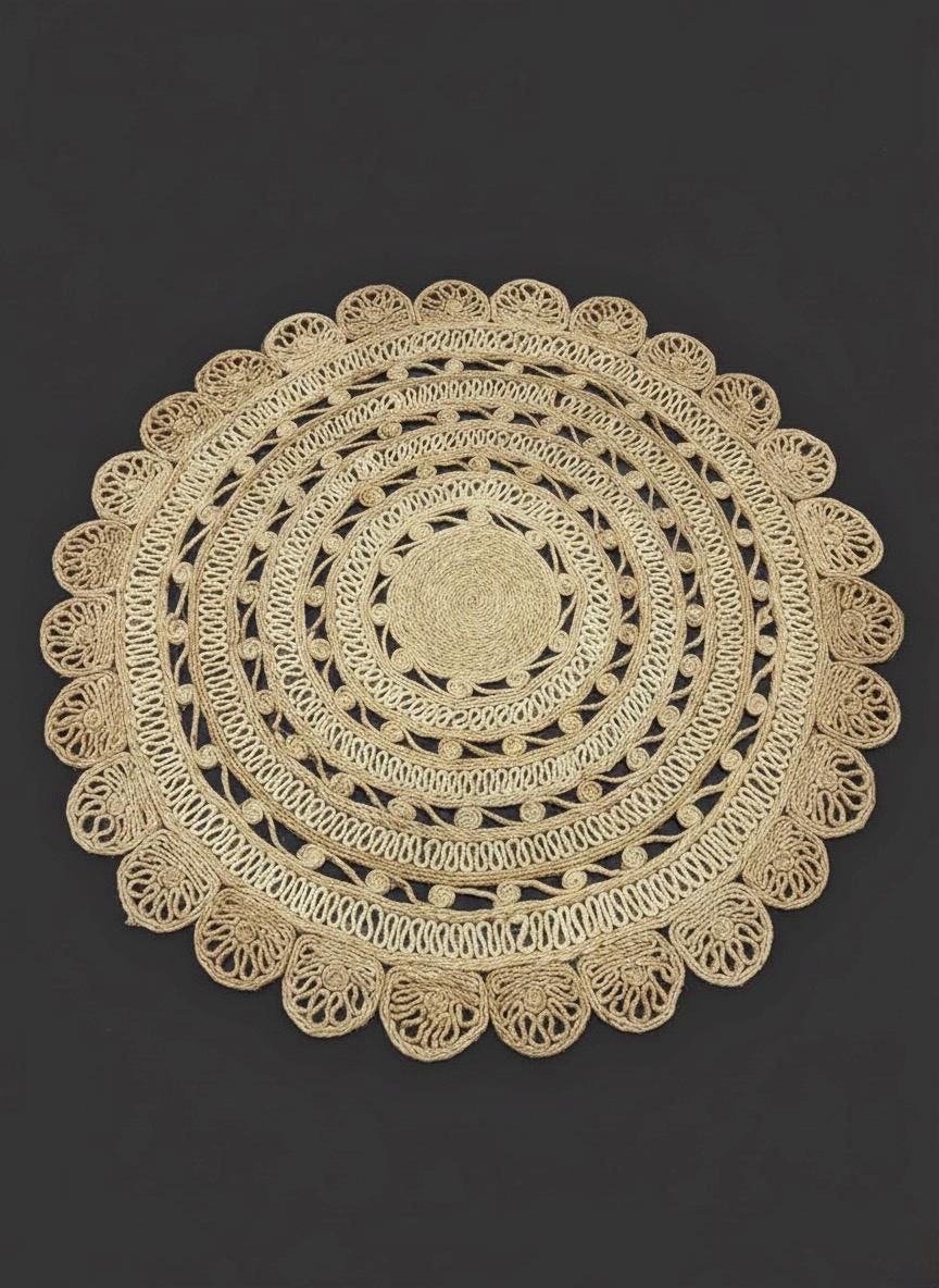 Scalloped Jute 5x5 round Area Rug, Bohemian Vibes