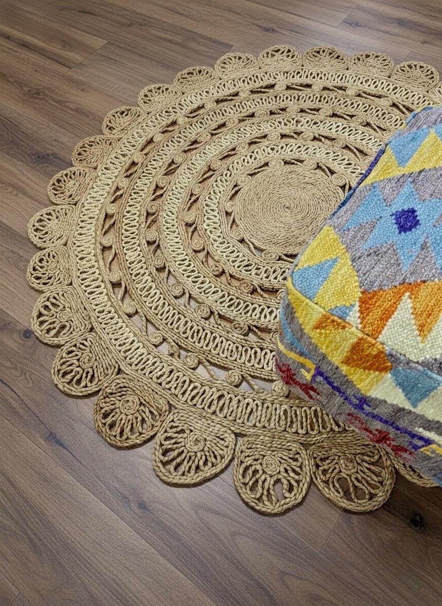 Scalloped Jute 5x5 round Area Rug, Bohemian Vibes