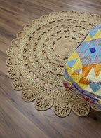 Scalloped Jute 5x5 round Area Rug, Bohemian Vibes