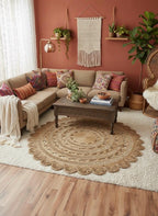Scalloped Jute 5x5 round Area Rug, Bohemian Vibes