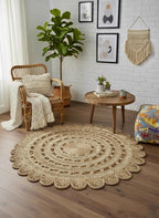 Scalloped Jute 5x5 round Area Rug, Bohemian Vibes