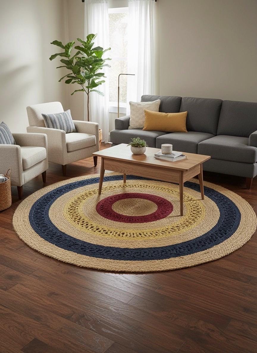 3 ft Boho Round Jute Rug | Navy, Gold & Burgundy Concentric Circles Area Mat | Hand-Woven Natural Fiber Home Decor