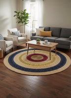 3 ft Boho Round Jute Rug | Navy, Gold & Burgundy Concentric Circles Area Mat | Hand-Woven Natural Fiber Home Decor