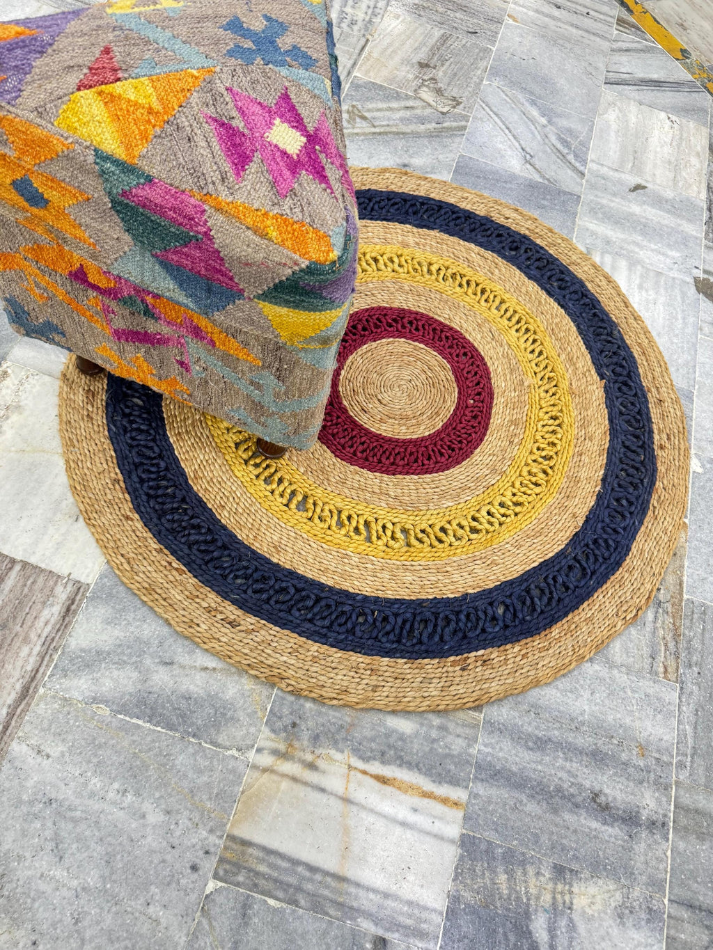 3 ft Boho Round Jute Rug | Navy, Gold & Burgundy Concentric Circles Area Mat | Hand-Woven Natural Fiber Home Decor
