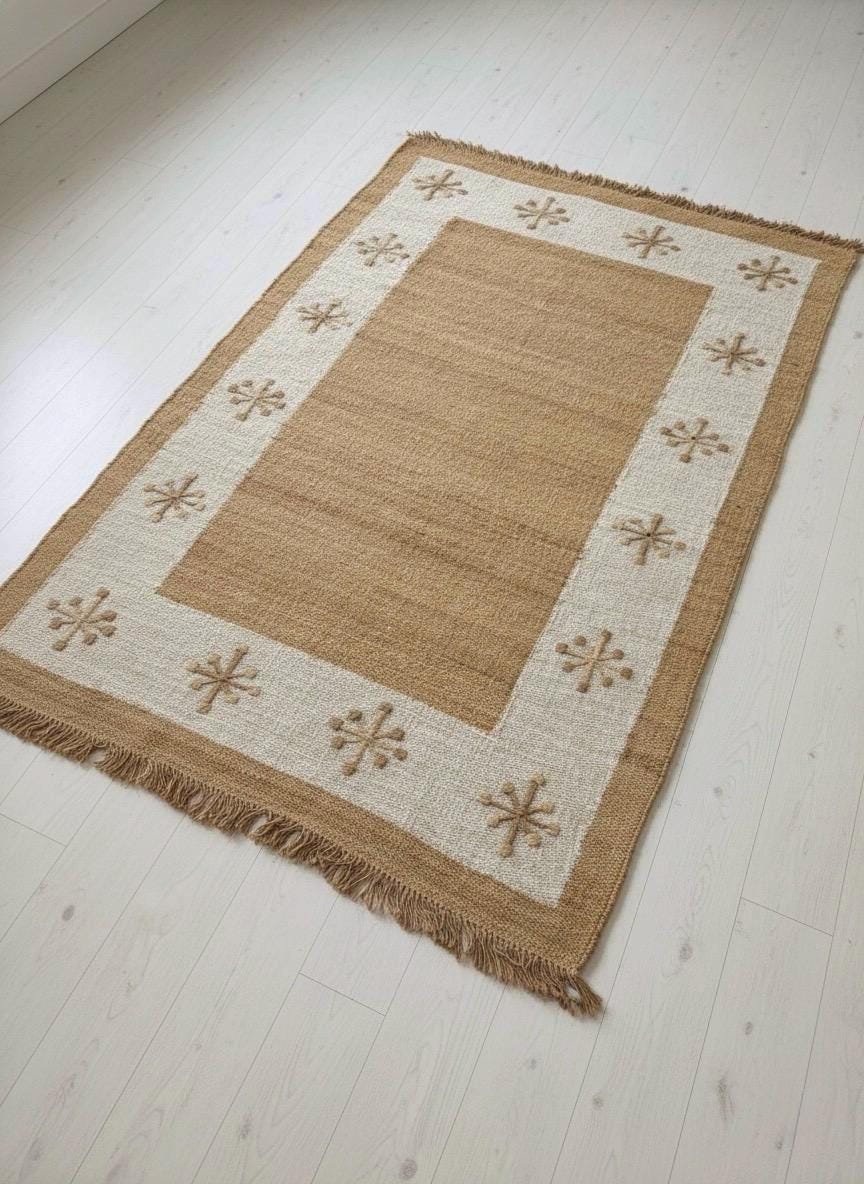 5x8 White and Natural Jute Area Rug | Eco-Friendly Hand-Woven Scandi Boho Carpet