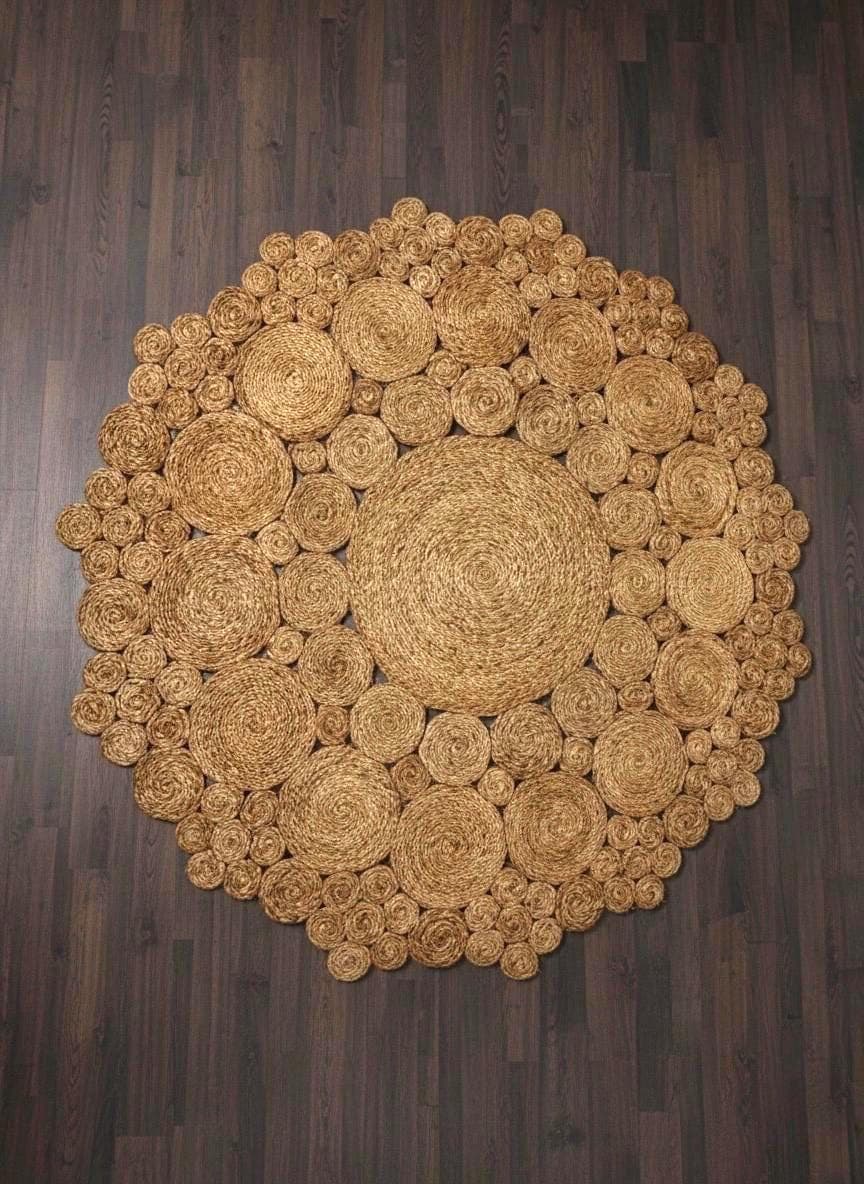 Hand-Stitched Jute 5.5x5.5 Round Rug, Minimalist Boho Decor