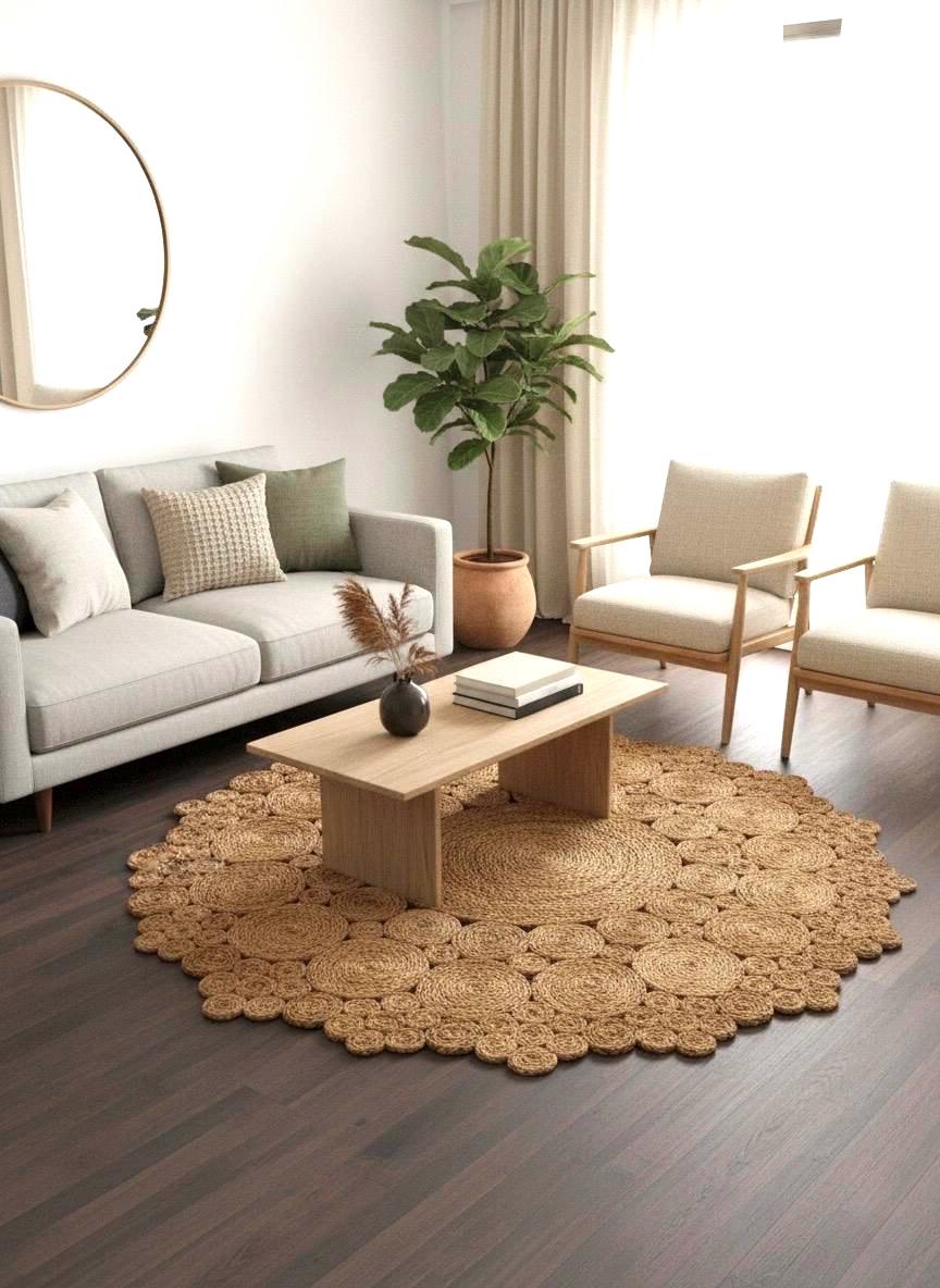 Hand-Stitched Jute 5.5x5.5 Round Rug, Minimalist Boho Decor