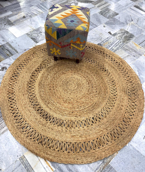 5x5 Modular Jute Rug, Hand-Braided Circle Design, Natural Fiber Area Mat