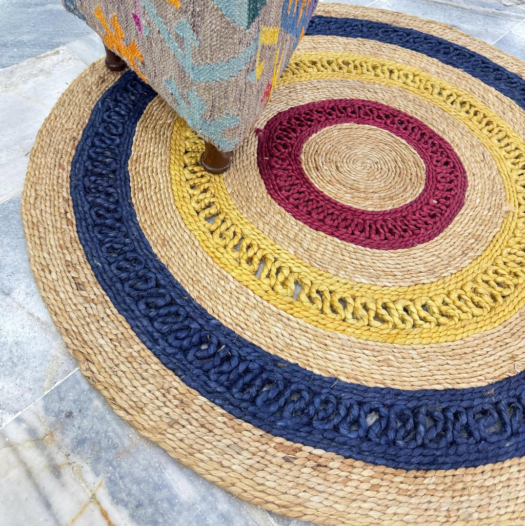 3 ft Boho Round Jute Rug | Navy, Gold & Burgundy Concentric Circles Area Mat | Hand-Woven Natural Fiber Home Decor
