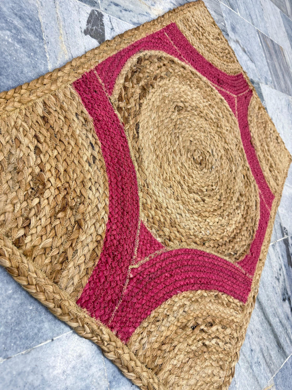 2x3 ft Boho magenta Jute Mat | Hand-Braided Area Rug | Geometric Accent Mat for Entryway, Kitchen, or Accent Chair