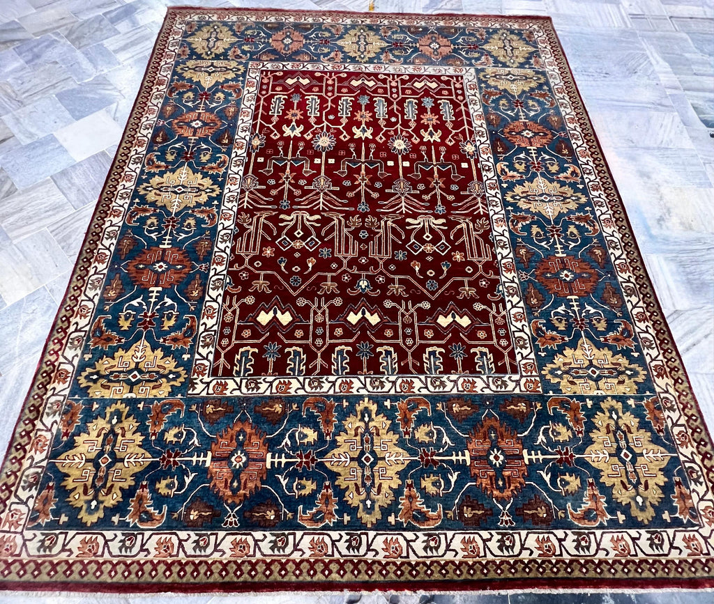 Traditional Persian-Style Hand-Knotted Wool Rug - 8x10 Red & Blue