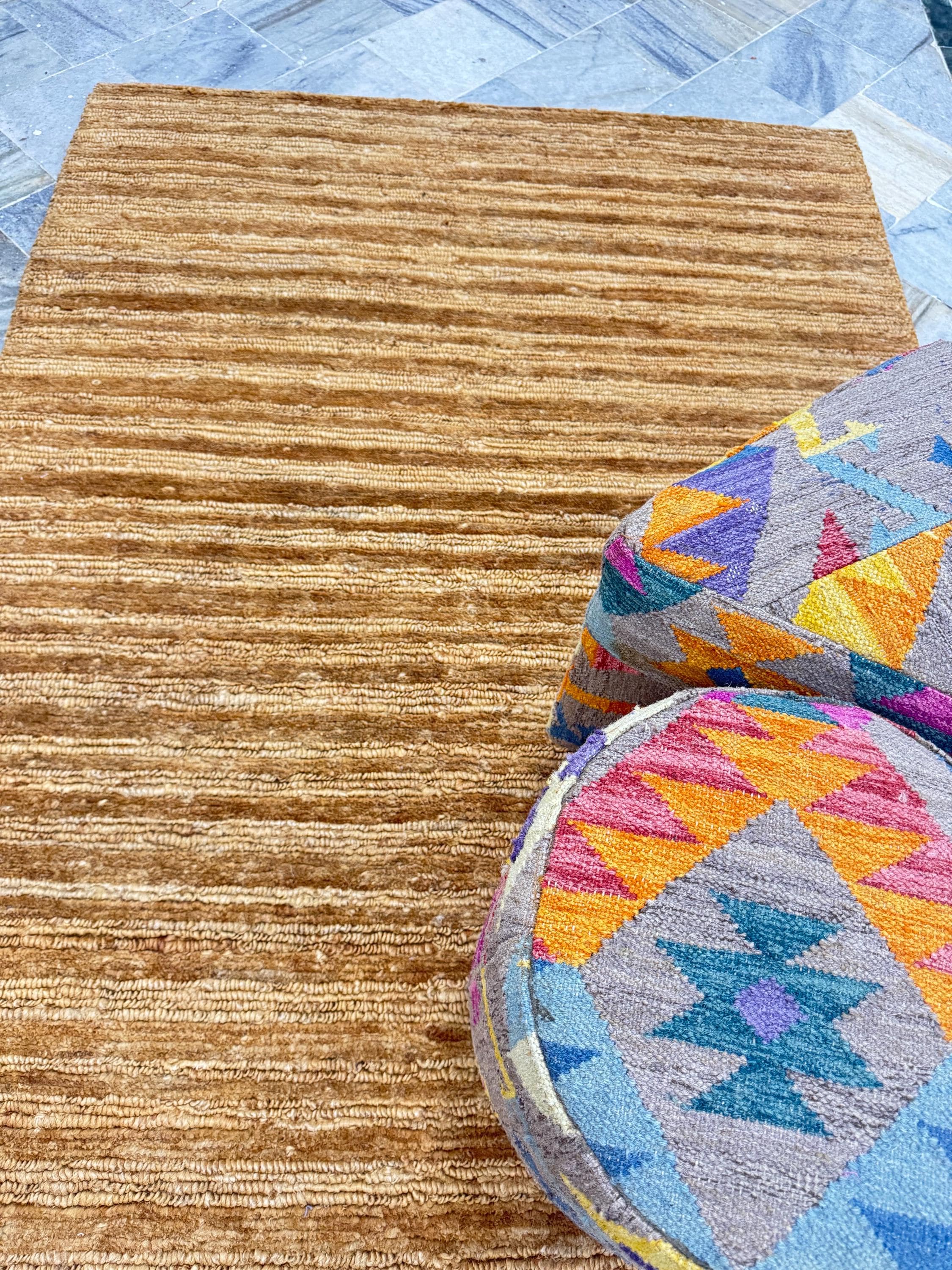 Natural Jute 4.3x6.3 Handwoven Area Rug | Textured Waffle Weave | Solid Gold/Tawny Organic Carpet | Minimalist Coastal Boho Decor