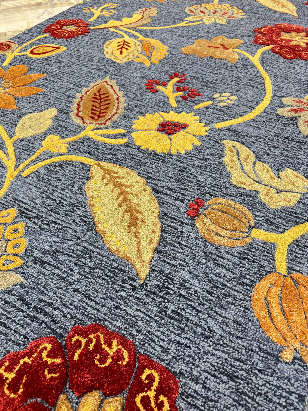 Hand-Tufted Floral Wool Rug - Blue & Ochre (5x8)