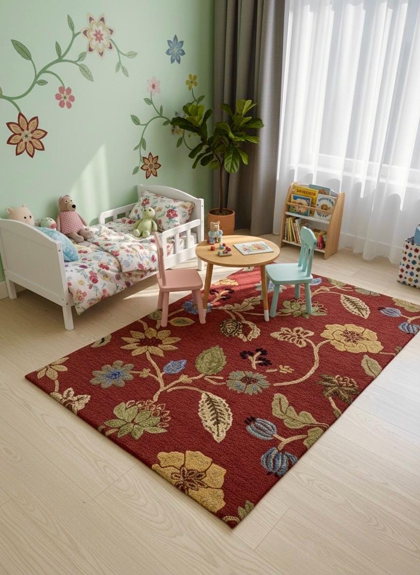 Vintage Floral Hand-Tufted Wool Rug – 5x8 Red Botanical Area Rug
