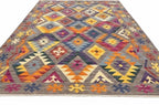 6x9 Kilim Rug - Vibrant Colorful Diamond Geometric Wool Rug - Eclectic Boho Tribal Area Rug
