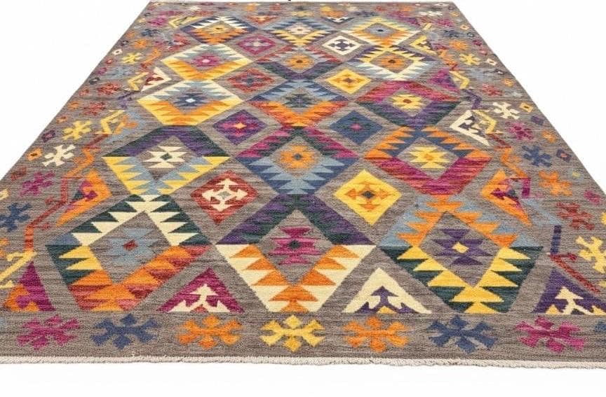 6x9 Kilim Rug - Vibrant Colorful Diamond Geometric Wool Rug - Eclectic Boho Tribal Area Rug