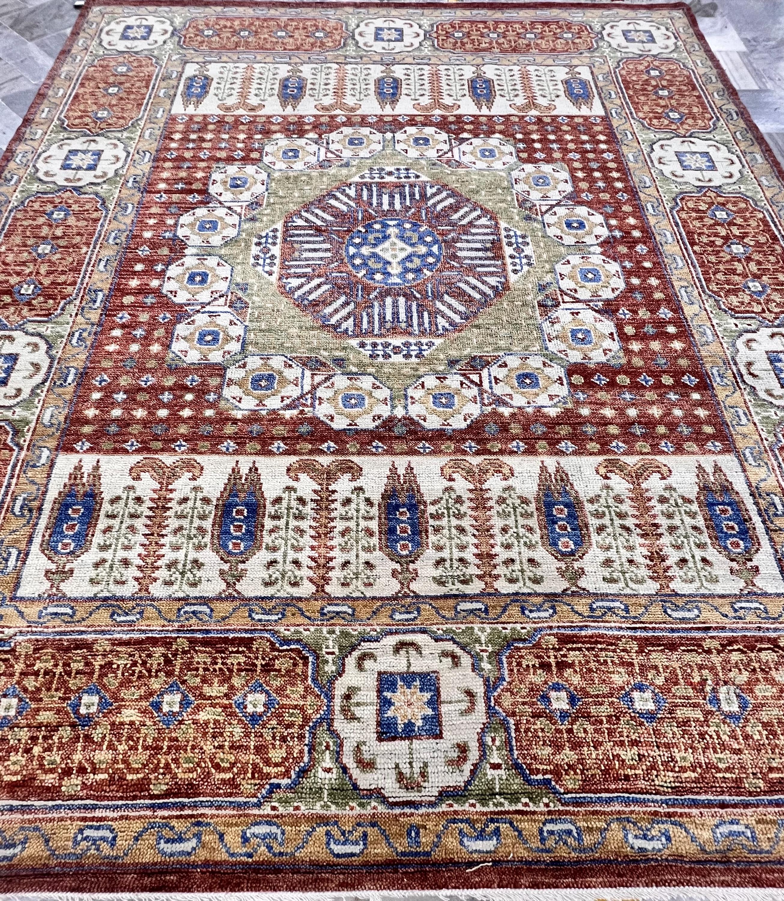 Hand-Knotted Mamluk Style 8x10 Rug, Deep Red, Blue & Gold Accent Oriental Carpet