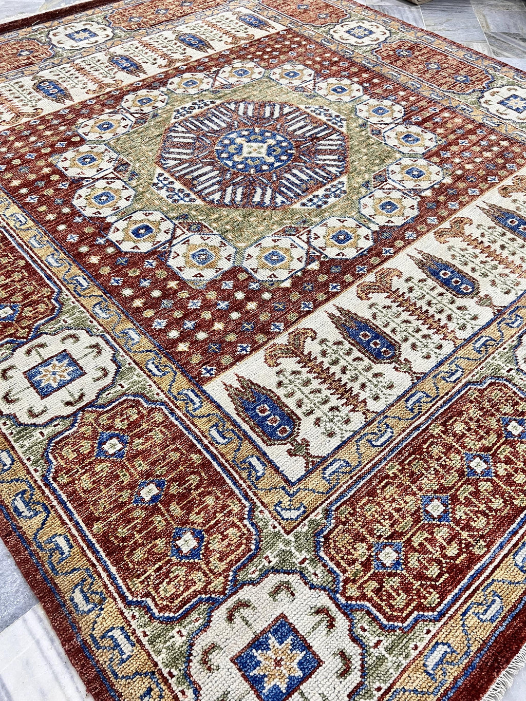 Hand-Knotted Mamluk Style 8x10 Rug, Deep Red, Blue & Gold Accent Oriental Carpet