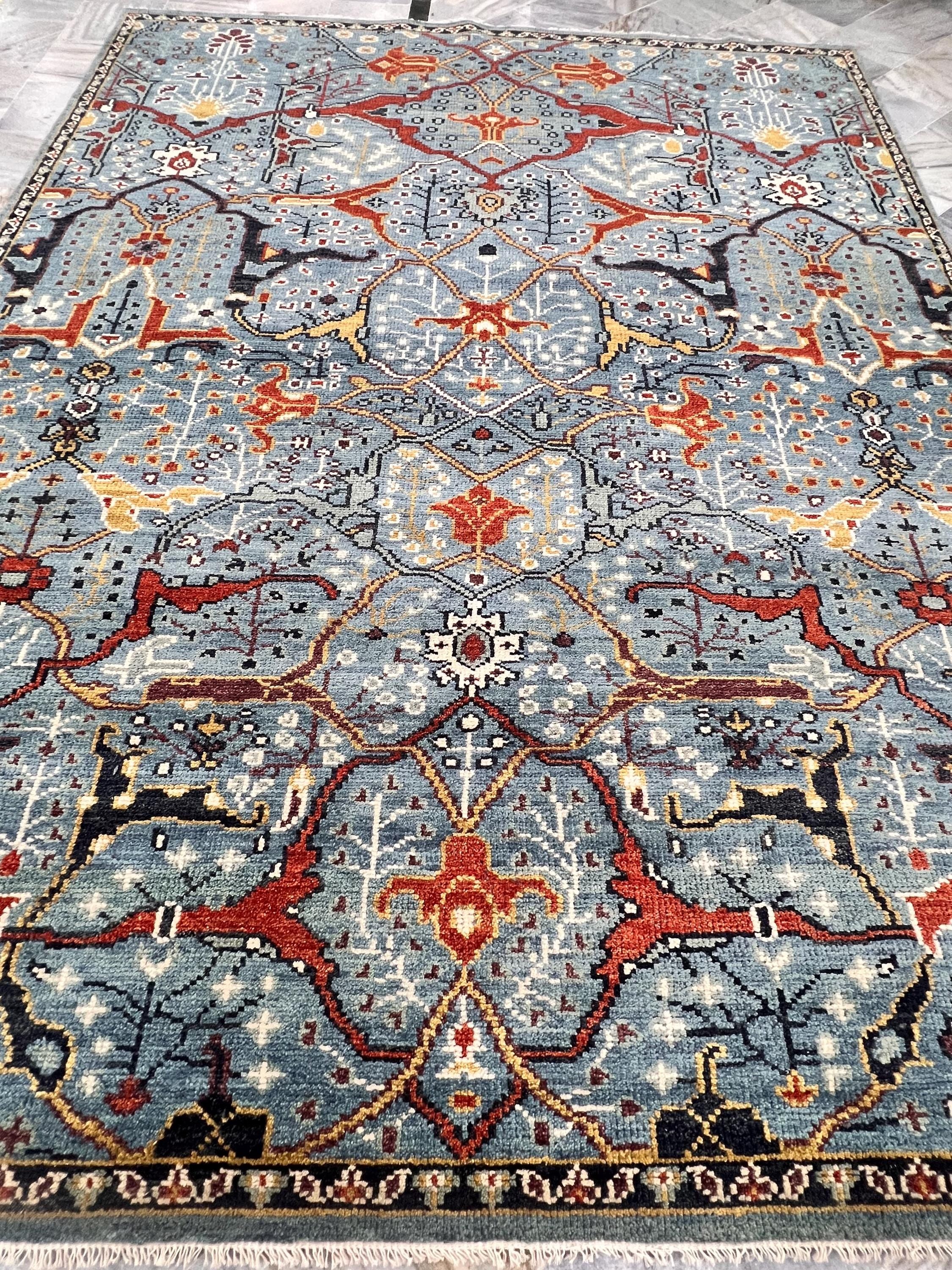8x10 Hand-Knotted Wool Rug | Blue & Rust Traditional Persian Style