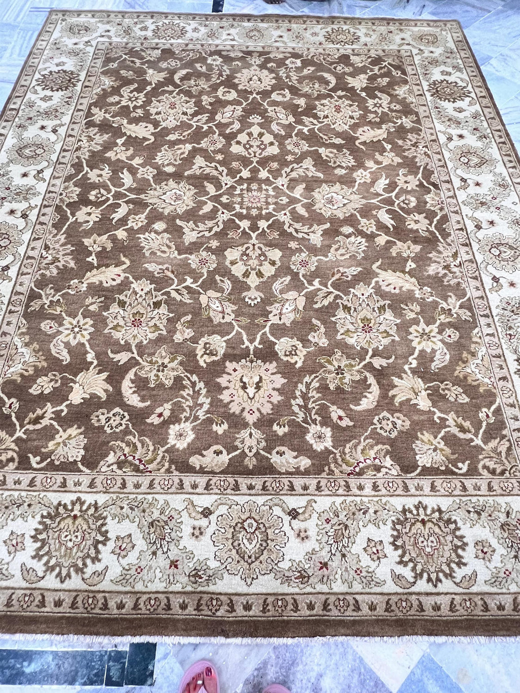 8x10 Hand-Knotted Wool Rug | Espresso Brown & Cream Floral Persian Style