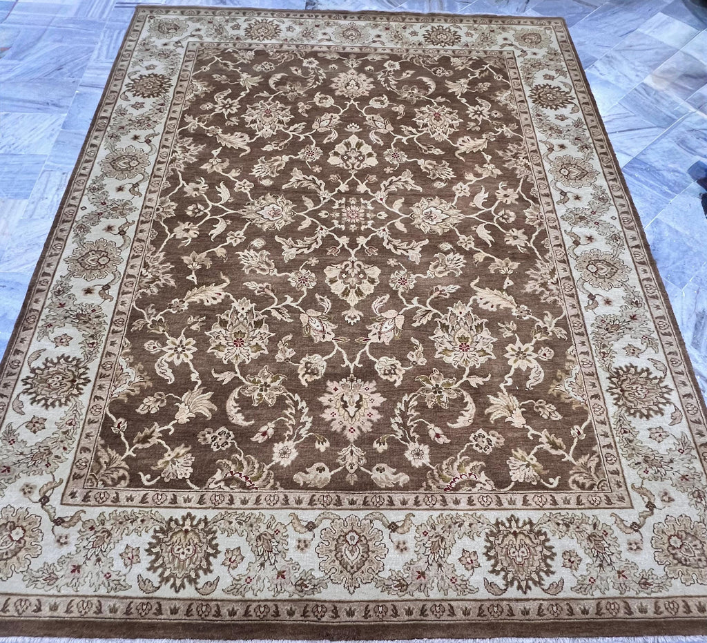 8x10 Hand-Knotted Wool Rug | Espresso Brown & Cream Floral Persian Style