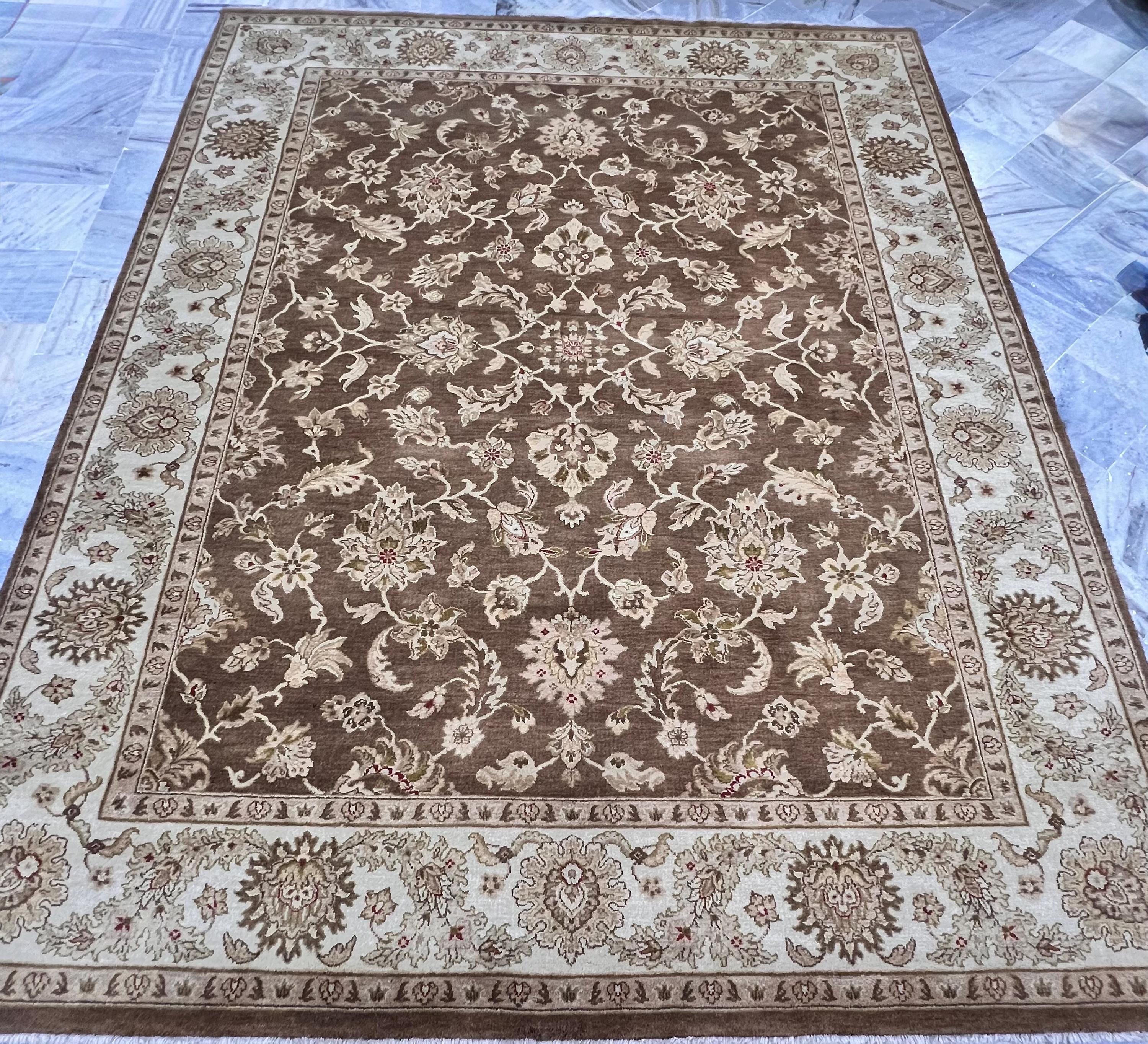 8x10 Hand-Knotted Wool Rug | Espresso Brown & Cream Floral Persian Style