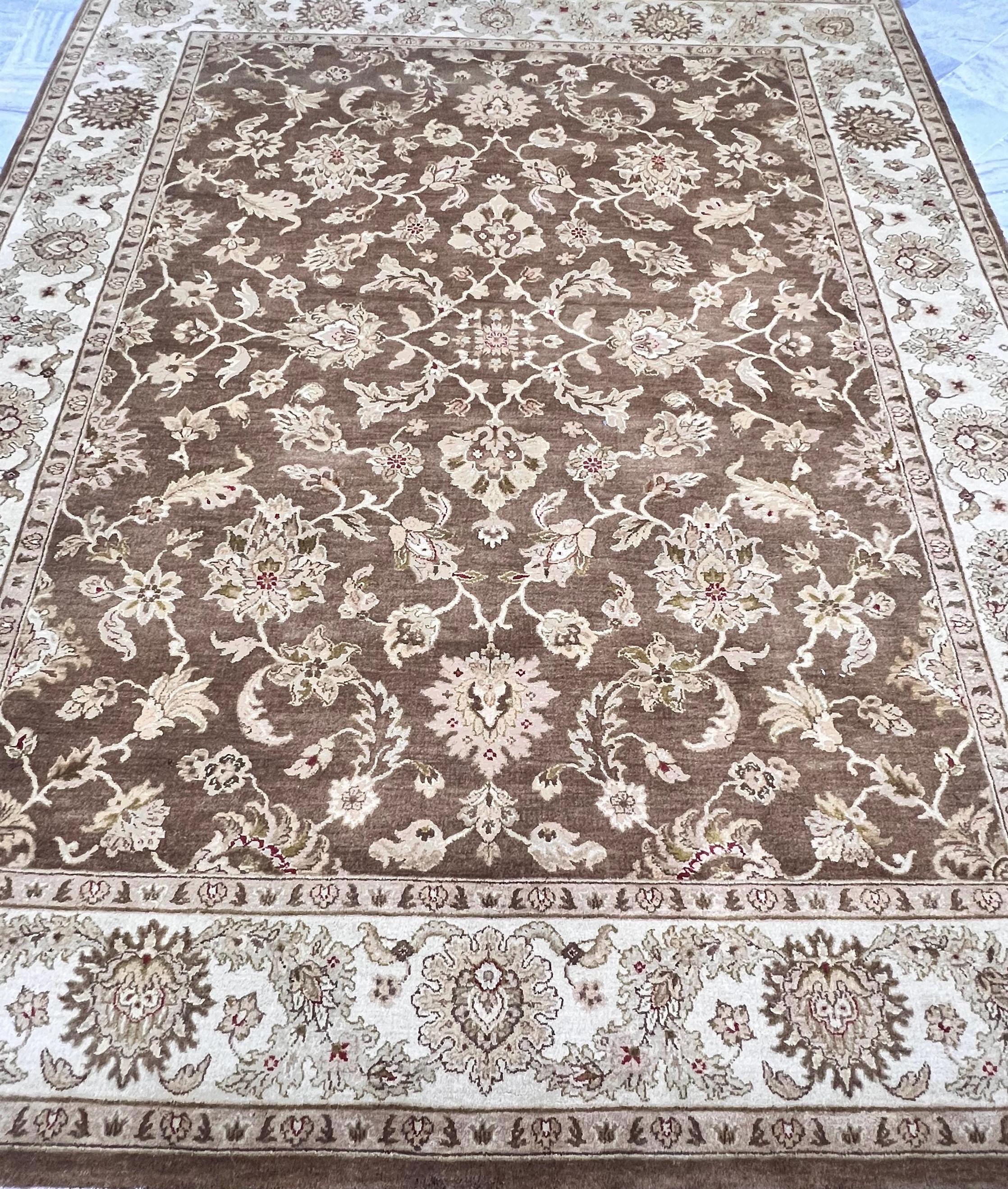 8x10 Hand-Knotted Wool Rug | Espresso Brown & Cream Floral Persian Style
