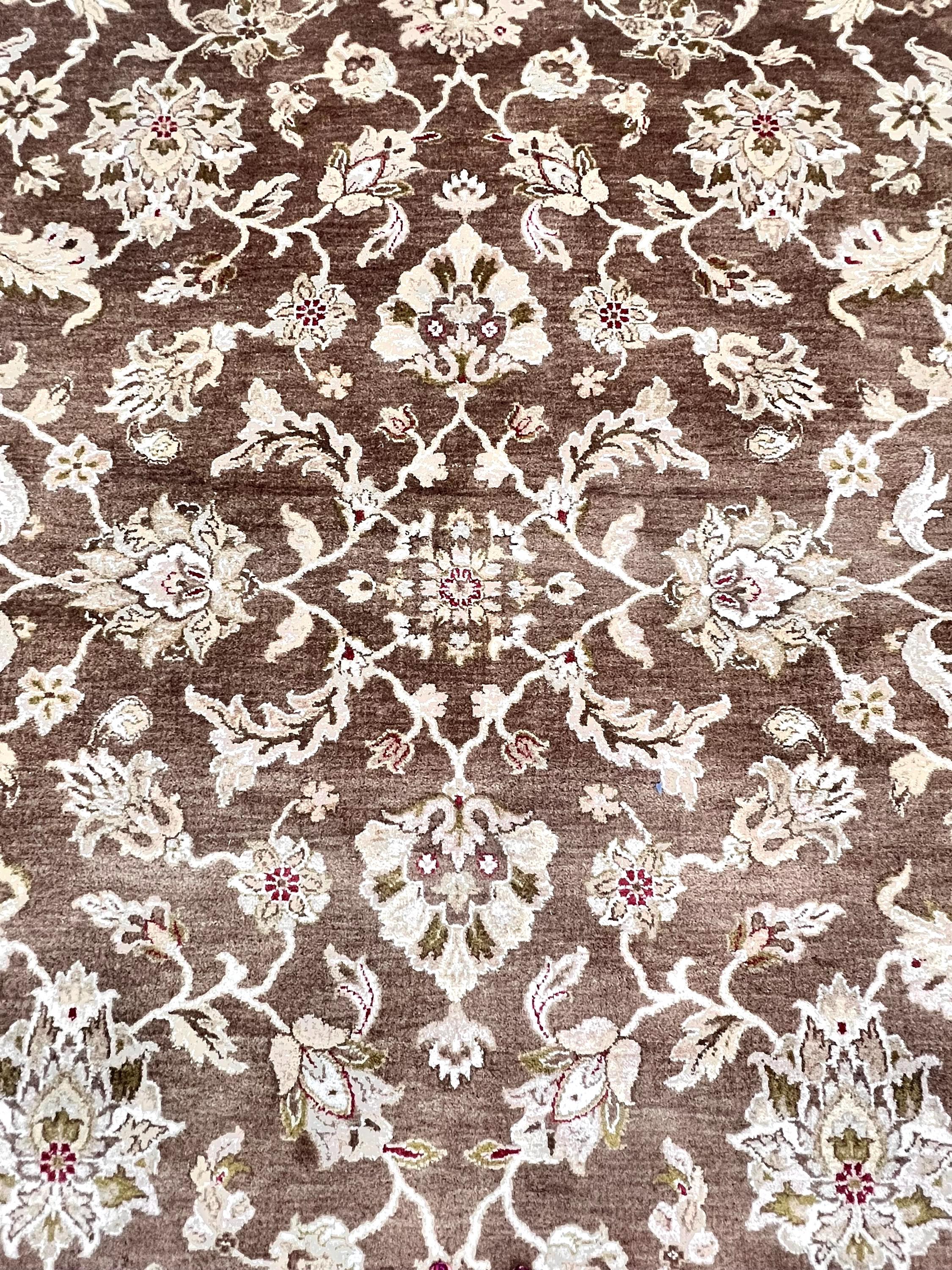 8x10 Hand-Knotted Wool Rug | Espresso Brown & Cream Floral Persian Style
