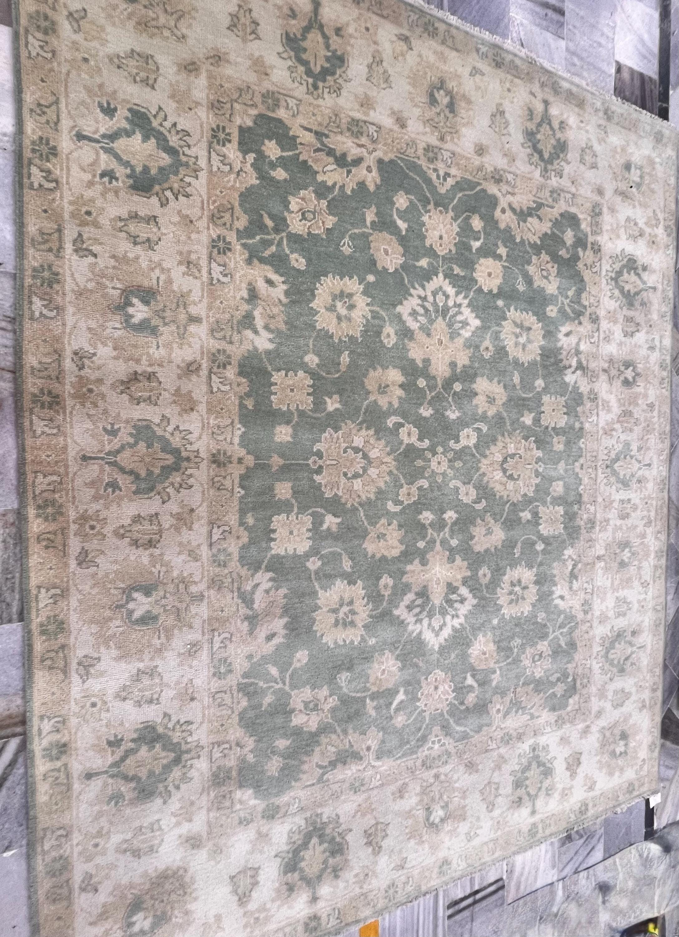 8x10 ft Hand-Knotted Oushak Style Sage Green & Cream Wool Rug