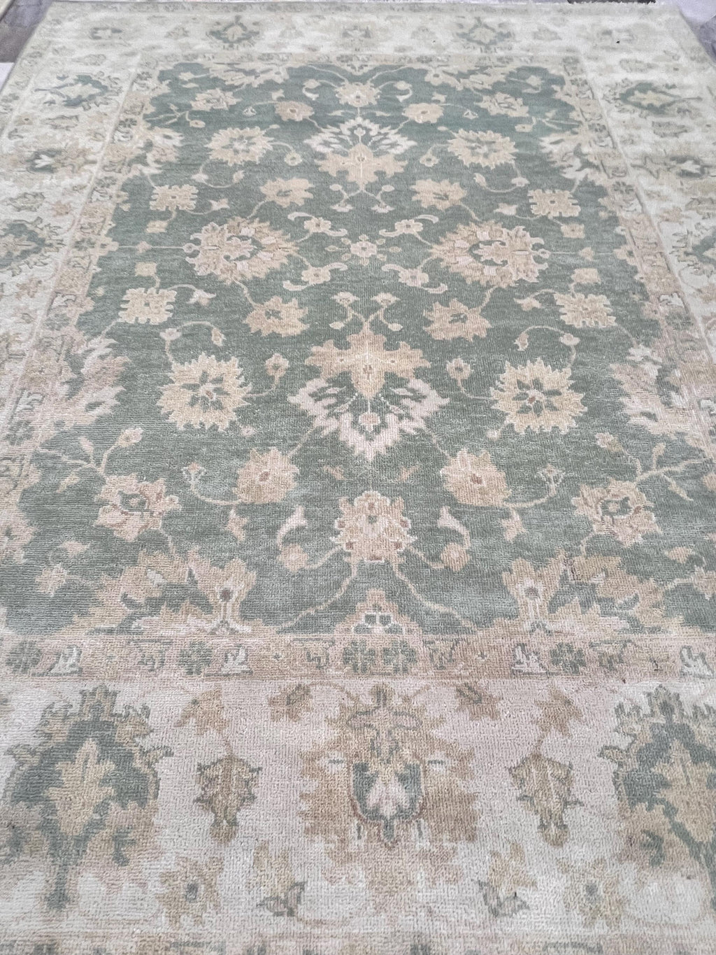 8x10 ft Hand-Knotted Oushak Style Sage Green & Cream Wool Rug