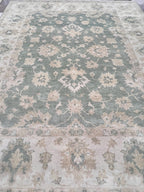 8x10 ft Hand-Knotted Oushak Style Sage Green & Cream Wool Rug