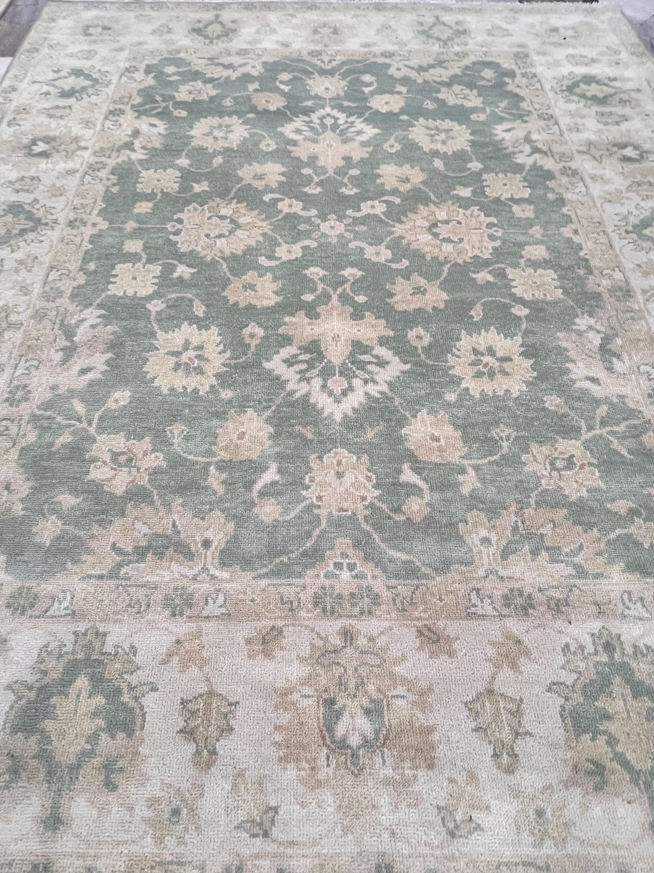 8x10 ft Hand-Knotted Oushak Style Sage Green & Cream Wool Rug