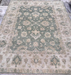 8x10 ft Hand-Knotted Oushak Style Sage Green & Cream Wool Rug