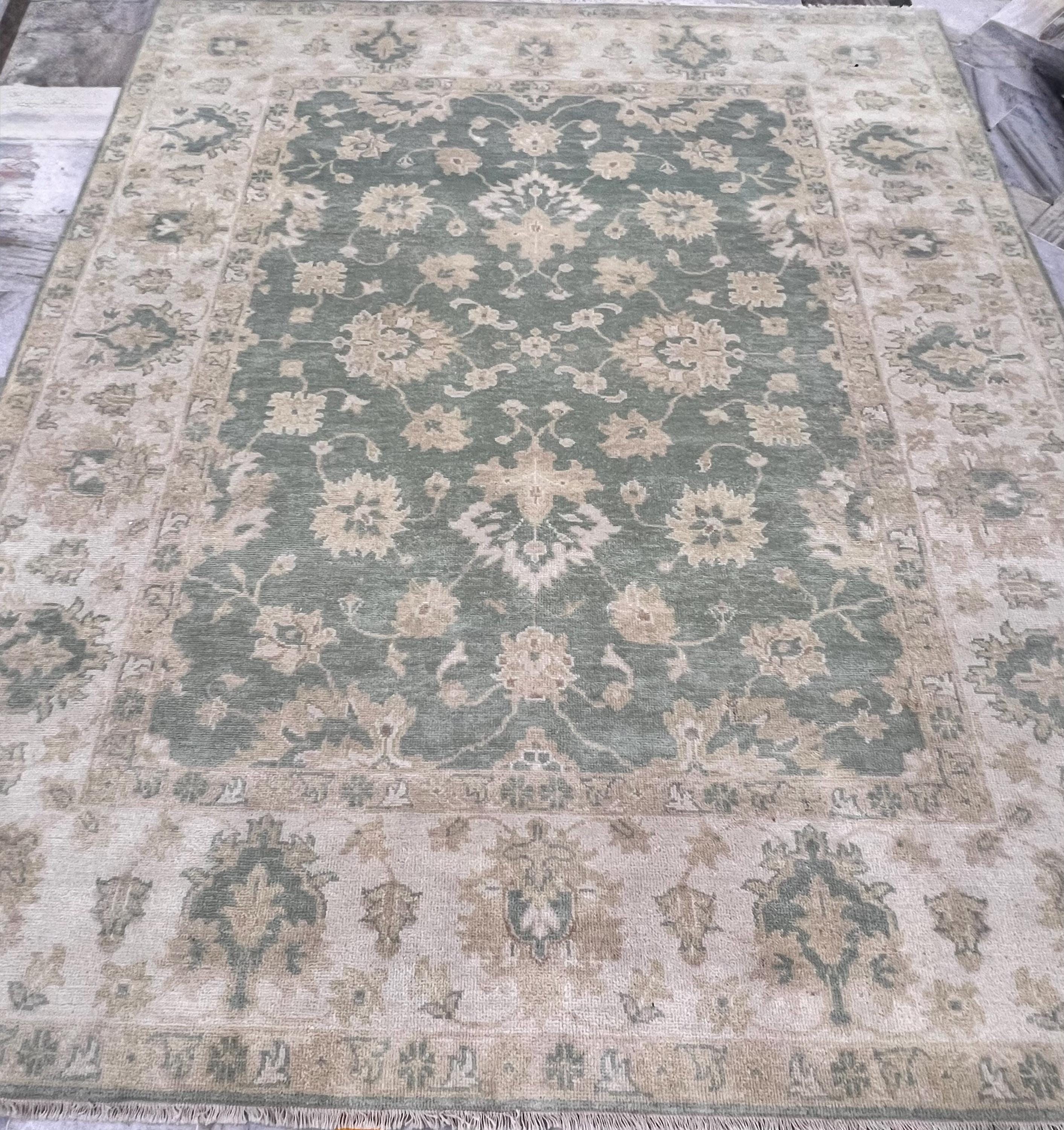 8x10 ft Hand-Knotted Oushak Style Sage Green & Cream Wool Rug